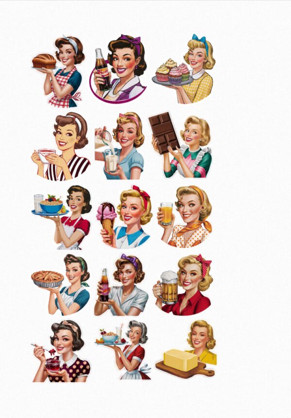 Une planche de quinze stickers représentant des femmes de style pin-up rétro des années 50 tenant divers aliments et boissons : pain, Coca-Cola, cupcakes, bol de soupe, verre de lait, tablette de chocolat, plateau de salade, glace, verre de jus d'orange, tarte aux pommes, bouteille de soda, bière, dessert à la crème, sandwich et beurre. Chaque femme a un style vestimentaire et une coiffure typiques de cette époque. crées par véronique créatrice de stickers