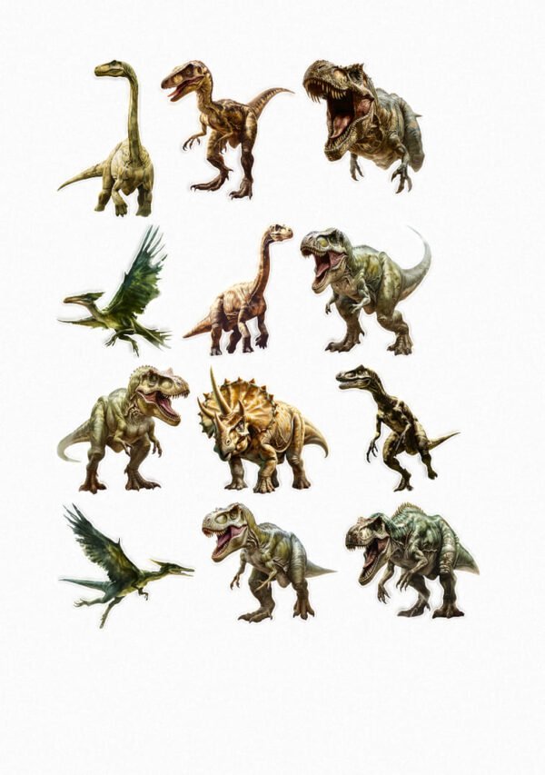 Planche de stickers dinosaures réalistes et colorés comprenant T-rex, brachiosaure, tricératops, vélociraptors et ptérodactyles crées par Véronique, créatrice de stickers