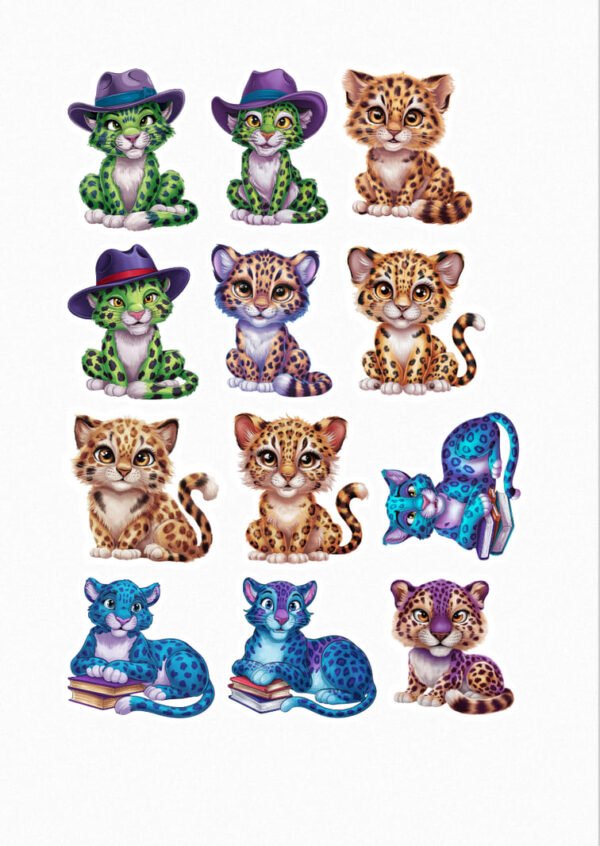 "Une planche de douze stickers adorables représentant des bébés léopards dans différentes poses et couleurs, certains portant des chapeaux et d'autres lisant des livres, avec des expressions mignonnes et des détails soignés crées par Véronique, créatrice de stickers