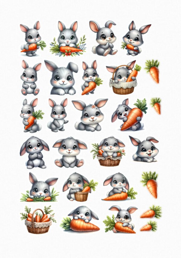 Une collection de vingt-quatre de mes stickers représentant d'adorables petits lapins gris dans différentes poses, interagissant souvent avec des carottes, soit en les tenant, en les mangeant, ou en étant assis à côté. Certains lapins sont dans des paniers crées par véronique, créatrice de stickers