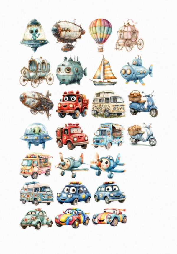 Une planche de vingt-quatre stickers représentant une variété de véhicules imaginaires de style cartoon et aquarelle : soucoupe volante avec un extraterrestre, dirigeable steampunk, montgolfière, carrosse citrouille, sous-marin féerique, sous-marin jaune, zeppelin, voilier, sous-marin bleu, camion de pompiers souriant, van de surfeur décorée de fleurs, scooter avec un panier, food truck bleu, avion souriant, autre avion souriant, bus décoré de fleurs, voiture bleue souriante, voiture de police souriante, voiture verte vintage, voiture de course colorée, autre voiture de course souriante. crées par véronique, créatrice de stickers