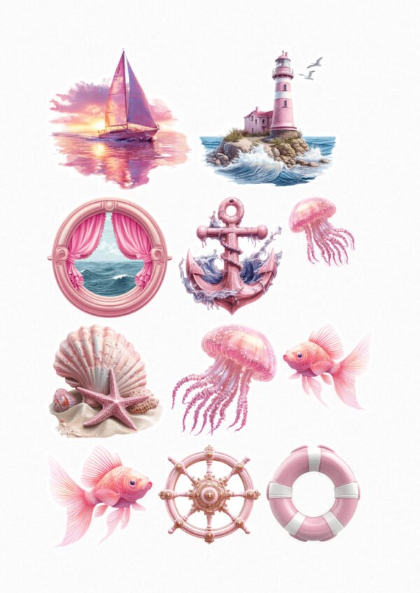 Une collection de douze de mes stickers sur le thème marin rose, incluant un voilier au coucher de soleil rose, un phare rose sur une île, un hublot rose avec vue sur la mer, une ancre rose décorée d'algues, deux méduses roses, un coquillage rose avec une étoile de mer, deux poissons rouges roses, une barre à roue rose et une bouée de sauvetage rose et blanche. crées par véronique créatrice de stickers
