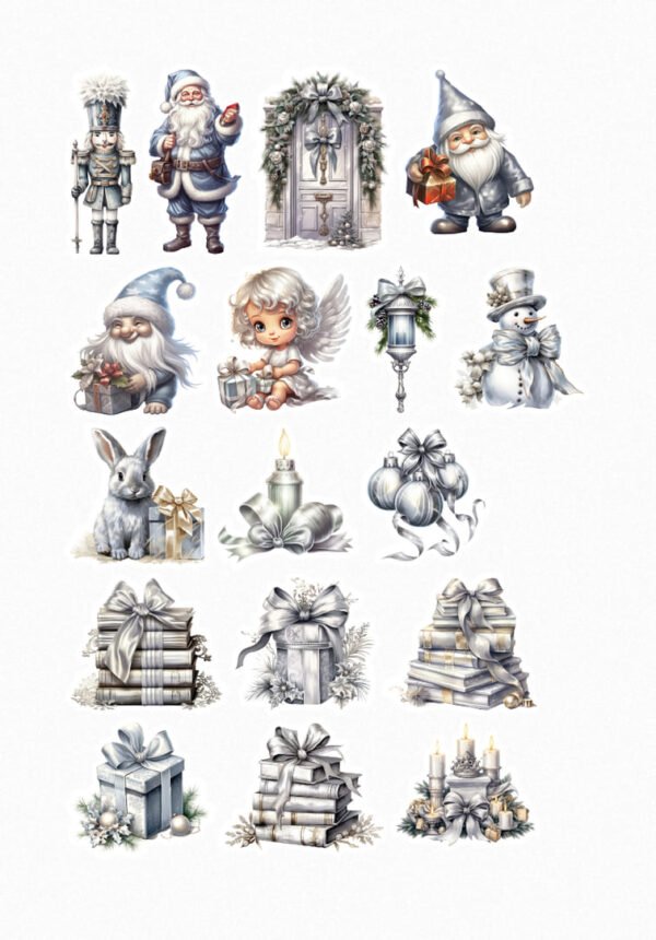 Une collection de dix-huit de mes stickers de Noël élégants en tons argentés et bleus, incluant un Père Noël, un Casse-Noisette, une couronne de Noël, un lutin, un ange, un bonhomme de neige, un lapin avec un cadeau, des boules de Noël, des bougies et des piles de livres décorés de rubans. crées par véronique, créatrice de stickers