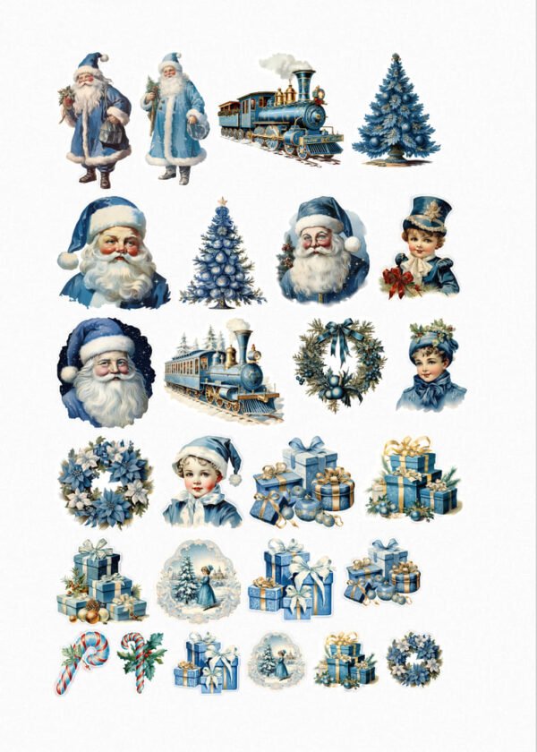 Une collection de vingt-cinq de mes stickers de Noël en tons bleus et blancs, incluant des Pères Noël, des sapins de Noël, un train de Noël, des couronnes de Noël, des enfants en tenues de Noël, des cadeaux, des cannes de Noël et d'autres décorations festives. crées par véronique, créatrice de stickers