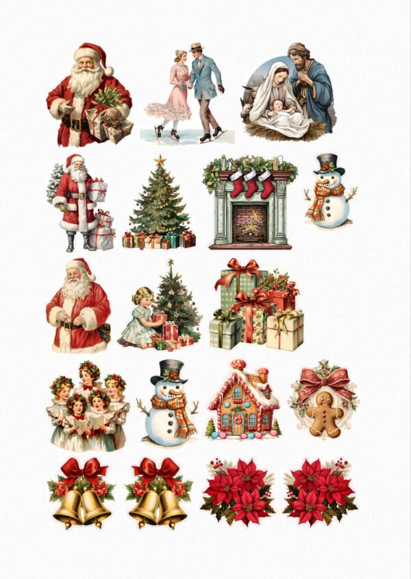 Une collection de vingt de mes stickers de Noël vintage, incluant des Pères Noël, un couple patinant, une crèche, un sapin de Noël décoré, une cheminée avec des chaussettes, un bonhomme de neige, des anges chantant, des enfants devant un sapin, des cadeaux, une maison en pain d'épice, un bonhomme en pain d'épice, des poinsettias et des cloches de Noël. crées par véronique, créatrice de stickers
