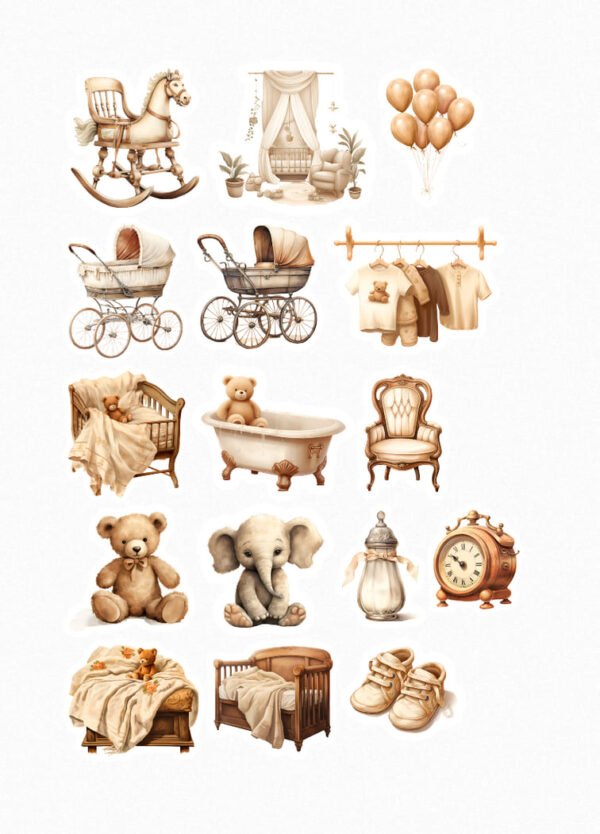 Une collection de seize de mes stickers sur le thème d'une chambre de bébé vintage, incluant un cheval à bascule en bois, un coin chambre avec un berceau et un fauteuil, des ballons aux couleurs douces, un landau, une poussette, des vêtements de bébé suspendus, un berceau avec un ours en peluche, une baignoire de bébé avec un ours, un fauteuil ancien, un ours en peluche assis, un éléphant en peluche, un biberon, un réveil ancien, un lit de bébé en bois et des petits chaussons crées par véronique, créatrice de stickers