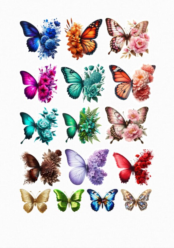 Une collection de seize de mes stickers représentant différents papillons colorés (bleu, orange, rose, vert, brun, violet, doré) associés à diverses fleurs (roses, dahlias, lilas, cosmos, etc.) aux couleurs assorties. crées par véronique, créatrice de stickers
