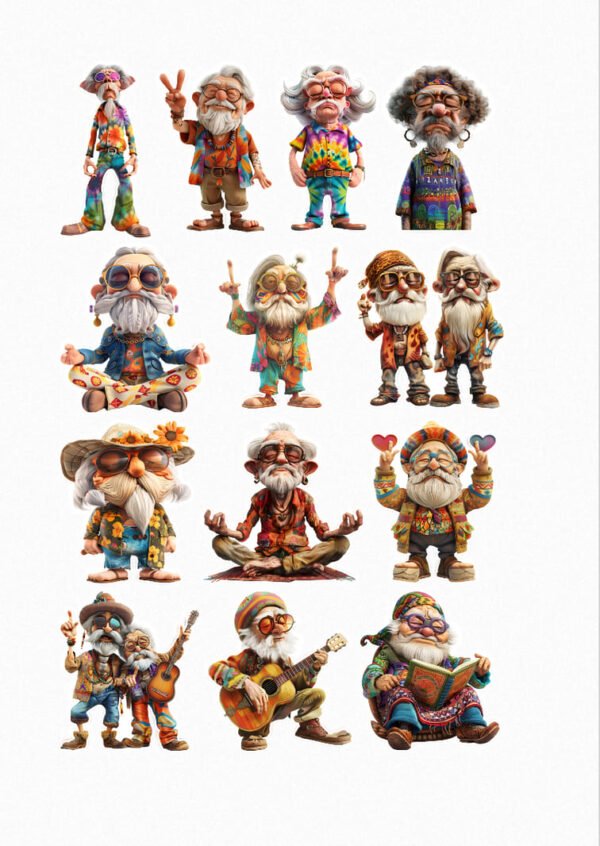 Une collection de quinze stickers représentant des gnomes avec de longues barbes blanches ou grises, portant des vêtements colorés de style hippie (tie-dye, motifs floraux), souvent avec des lunettes de soleil rondes, des chapeaux décorés de fleurs ou des bonnets rayés, certains faisant le signe de la paix, jouant de la guitare ou méditant. crées par véronique, créatrice de stickers