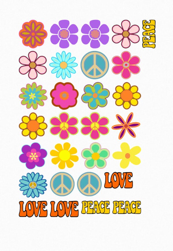 Planche de stickers colorés esprit hippie avec fleurs, symboles peace and love et mots "LOVE" et "PEACE" en style vintage. crées par véronique, créatrice de stickers