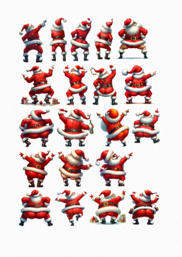 Une collection de vingt-quatre de mes stickers représentant le Père Noël en train de danser dans différentes poses joyeuses et énergiques, certains faisant des mouvements de hip-hop, des pirouettes ou tenant des cadeaux crées par véronique, créatrice de stickers