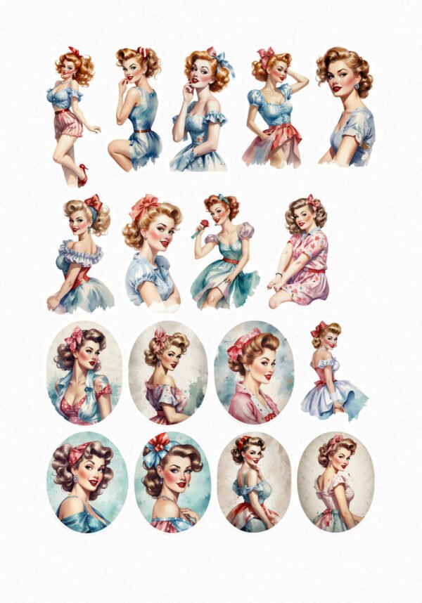 Une collection de seize de mes stickers représentant des pin-up rétro et élégantes avec des coiffures soignées, portant des robes vintage charmantes et arborant un style inspiré des années 40 et 50. crées par véronique, créatrice de stickers
