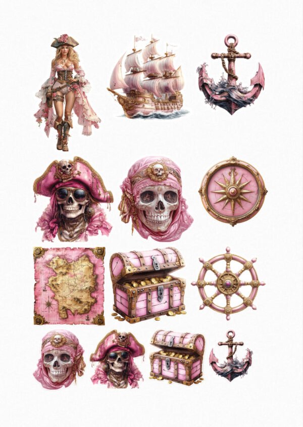 Une collection de douze de mes stickers sur le thème des pirates en rose, incluant une pirate élégante, un bateau pirate rose, une ancre rose décorée, deux crânes de pirates roses, une boussole rose et dorée, une carte au trésor rose, deux coffres au trésor roses remplis d'or, une roue de navire rose et un autre crâne de pirate rose crées par véronique, créatrice de stickers