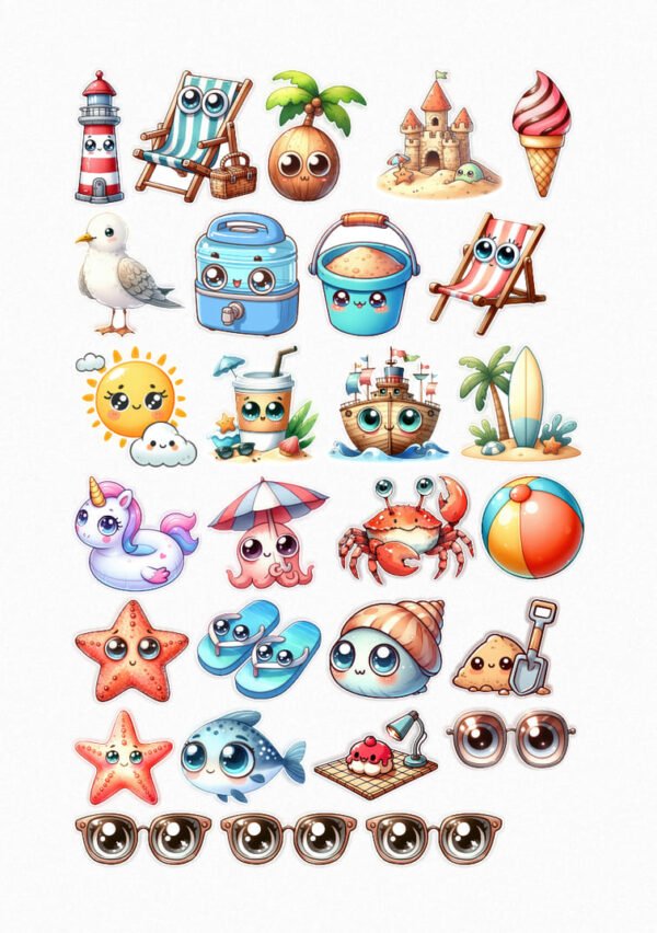 Une planche de stickers remplie d'éléments de plage colorés et de style cartoon : un phare, une chaise de plage, une noix de coco souriante sous un palmier, un château de sable, une glace, une mouette, une glacière souriante, un seau et une pelle souriants, une autre chaise de plage, un soleil souriant avec un nuage, une boisson fraîche souriante, un bateau de pirate souriant, une planche de surf et un palmier, une bouée licorne, une pieuvre souriante sous un parasol, un crabe souriant, un ballon de plage, une étoile de mer souriante, des tongs, un coquillage souriant, un tas de sable souriant avec une pelle, une autre étoile de mer souriante, un poisson souriant, une serviette de plage avec une lampe de bronzage souriante, et plusieurs paires de lunettes de soleil crées par véronique, créatrice de stickers