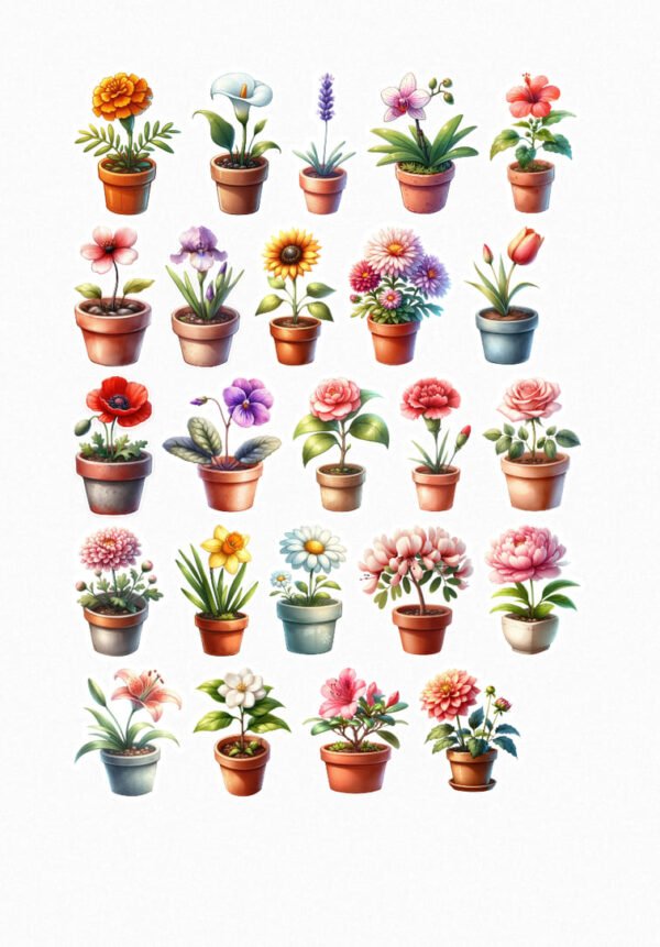 Une collection de stickers représentant différentes petites fleurs en pot, incluant des marguerites, des tulipes, des roses, des tournesols, des orchidées, des arums et d'autres variétés aux couleurs vives, crées par véronique, créatrice de stickers