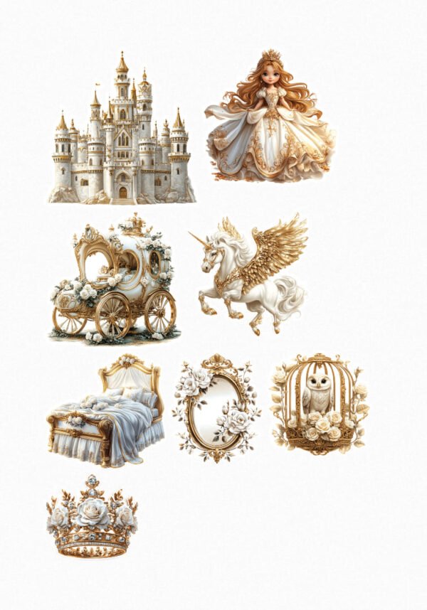 Une planche de neuf stickers représentant des éléments de conte de fées dans des tons dorés et blancs : un château majestueux, une princesse blonde en robe de bal dorée, un carrosse orné de fleurs blanches, une licorne ailée blanche et or, un lit à baldaquin élégant, un miroir ovale décoré de roses blanches, une chouette blanche dans une cage ornée de roses, et une couronne royale étincelante. crées par véronique, créatrice de stickers