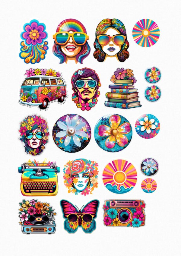 Une collection de vingt stickers de style hippie et psychédélique, incluant des fleurs aux couleurs vives, des visages avec des lunettes de soleil rétro et des motifs psychédéliques, un van décoré de fleurs, un tourne-disque fleuri, une machine à écrire vintage, un papillon aux ailes psychédéliques, et d'autres symboles colorés. crées par véronique, créatrice de stickers