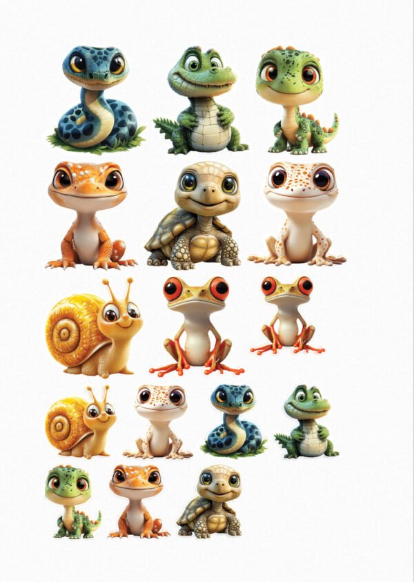 Une collection de quinze stickers représentant de petits reptiles et amphibiens mignons et colorés, incluant des serpents bleus et verts, des lézards verts et orange, des tortues beiges et vertes, des grenouilles blanches et orange, des salamandres orange, et des escargots jaunes. crées par véronique, créatrice de stickers