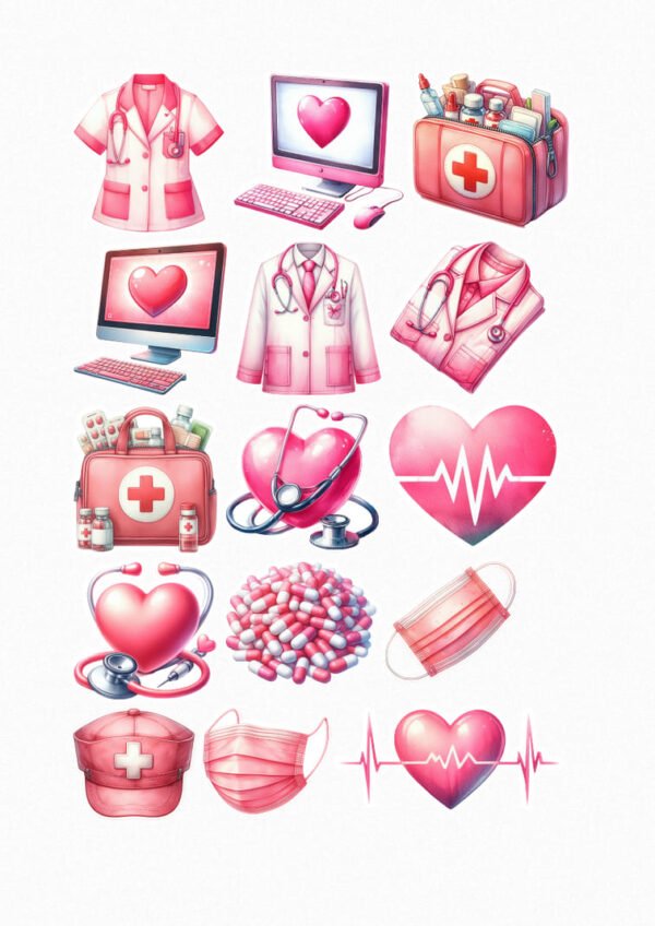 Une collection de dix-huit de mes stickers sur le thème de la santé et du médical en rose, incluant des uniformes d'infirmières et de médecins, des stéthoscopes, des cœurs, des électrocardiogrammes, des pilules roses, des pansements, des trousses de secours, un ordinateur médical avec un cœur, un bonnet d'infirmière et des masques chirurgicaux roses. crées par véronique, créatrice de stickers