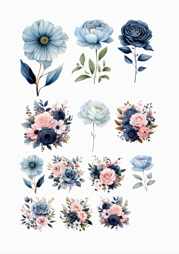Une planche de stickers présentant une variété de fleurs de style aquarelle dans des tons de bleu poudré, de rose pâle et de blanc, avec des feuilles vertes. On y voit des fleurs individuelles (anémones, pivoines, roses) et des bouquets délicats crées par véronique, créatrice de stickers