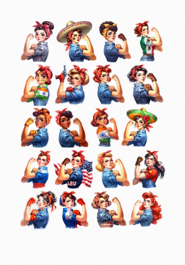 Une collection de vingt de mes stickers représentant des femmes fortes dans le style de l'affiche "We Can Do It!", chacune avec un bandana ou un foulard différent et arborant un muscle du bras, symbolisant la force et la détermination féminines. Certaines femmes portent des accessoires culturels distinctifs comme un sombrero ou des motifs de drapeaux crées par véronique créatrice de stickers