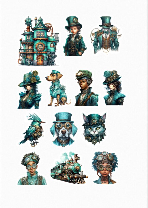 Une collection de quinze de mes stickers steampunk en tons de bleu-vert (teal), incluant une maison complexe avec des engrenages, des personnages masculins et féminins élégamment vêtus, un chien et un chat mécanisés, un oiseau avec des engrenages, un train à vapeur et des portraits de jeunes gens avec des lunettes Steampunk crées par véronique, créatrice de stickers