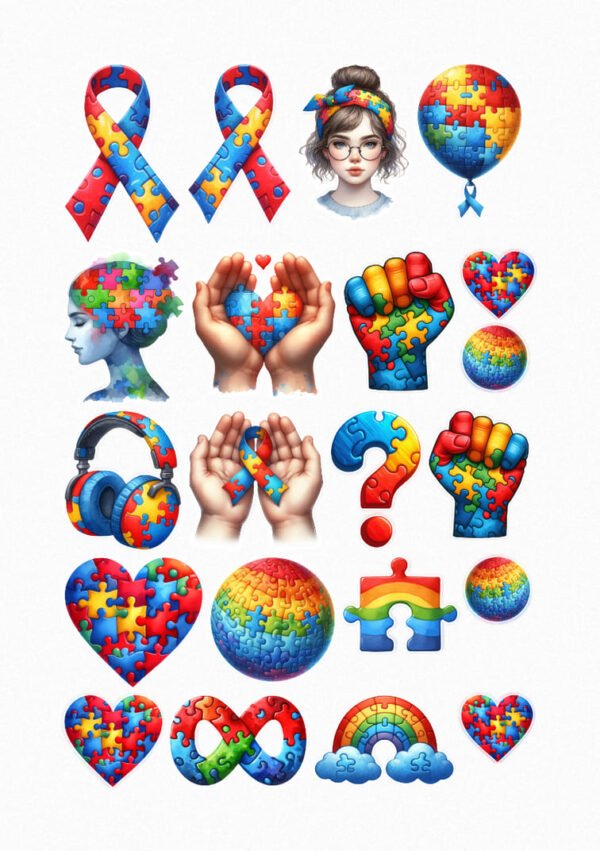 Une collection de vingt-deux de mes stickers sur le thème de la sensibilisation à l'autisme, incluant des rubans avec des motifs de puzzle colorés, des cœurs et des mains formant des puzzles, le symbole de l'infini avec des couleurs vives, un arc-en-ciel, et d'autres illustrations symbolisant la neurodiversité et le soutien à l'autisme. crées par véronique, créatrice de stickers