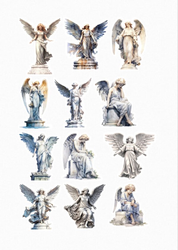 Une collection de douze stickers représentant des statues d'anges dans différentes poses, certaines avec les ailes déployées, d'autres en contemplation ou en prière, dans des tons de blanc et de gris clair. crées par Véronique, créatrice de stickers