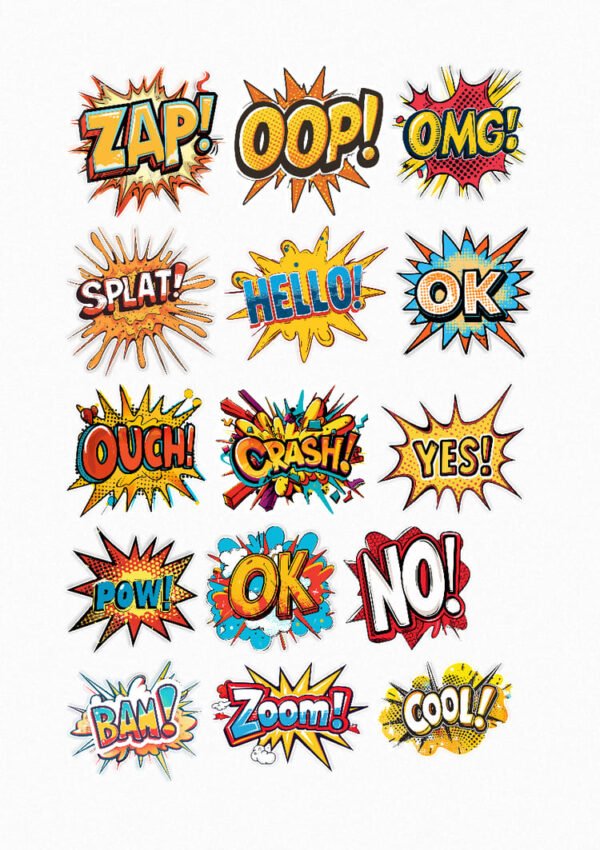 Une planche de quinze stickers de bulles de bande dessinée de style pop art avec des onomatopées et des expressions percutantes : ZAP!, OOP!, OMG!, SPLAT!, HELLO!, OK, OUCH!, CRASH!, YES!, POW!, OK, NO!, BAM!, ZOOM!, COOL! Chaque bulle a un design coloré et dynamique avec des effets d'explosion et des polices de caractères expressives. crées par véronique créatrice de stickers