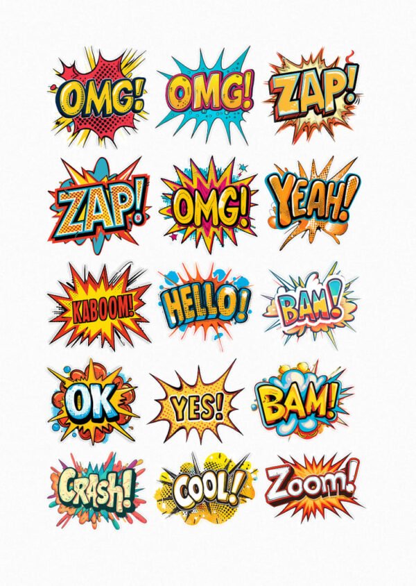 Une collection de quinze de mes stickers représentant des effets sonores de bandes dessinées avec des mots comme OMG!, ZAP!, YEAH!, KABOOM!, HELLO!, BAM!, OK, YES!, CRASH!, COOL! et ZOOM!, présentés dans des bulles de dialogue colorées et dynamiques avec des éclairs et des étoiles crées par véronique créatrice de stickers