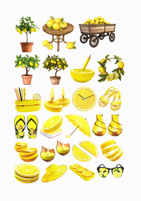 Une collection de vingt-cinq de mes stickers sur le thème du citron, incluant des arbres et des chariots de citrons, des boissons au citron, des tranches de citron, des bougies parfumées au citron, des sandales à motifs de citrons, un parapluie jaune, des vases, une horloge en forme de citron, des lunettes de soleil avec des citrons et un chapeau jaune. crées par véronique, créatrice de stickers