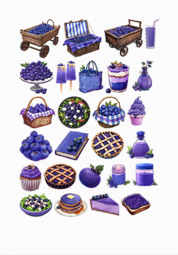 Une collection de vingt-cinq de mes stickers sur le thème du bleuet, incluant des chariots et des paniers de bleuets, des boissons et des desserts aux bleuets (smoothies, coupes glacées, muffins, tartes, pancakes, salades), des pots de confiture de bleuets, des bleuets glacés et des bleuets individuels. crées par véronique, créatrice de stickers