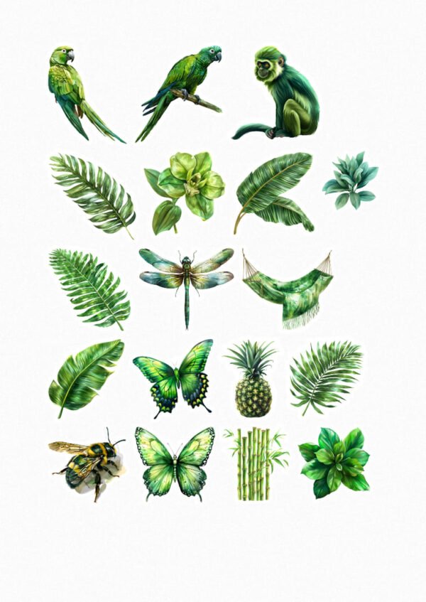 Une collection de vingt de mes stickers sur le thème de la jungle tropicale verte, incluant des perroquets verts, un singe vert, des papillons verts, une libellule, des feuilles tropicales variées, des fleurs tropicales vertes, un ananas, des tiges de bambou, un hamac vert et une abeille. crées par véronique, créatrice de stickers