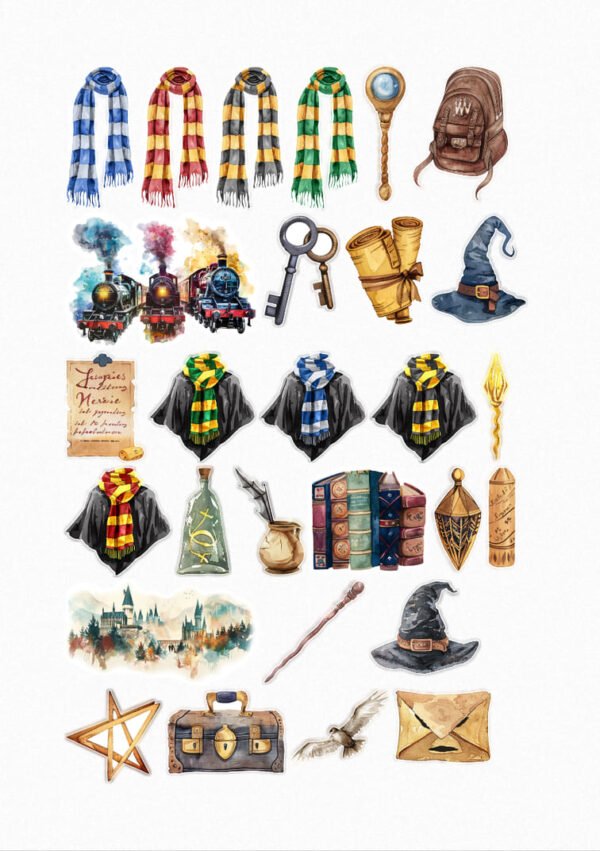 Une collection de vingt-cinq de mes stickers sur le thème d'Harry Potter, incluant des écharpes aux couleurs des maisons (Gryffondor, Serpentard, Poufsouffle, Serdaigle), Hedwige, des lettres de Poudlard, le Poudlard Express, des clés volantes, des livres de sorts, le Choixpeau Magique, des baguettes magiques, le blason de Poudlard, la Carte du Maraudeur, le Vif d'Or, une valise de sorcier et le château de Poudlard. crées par véronique, créatrice de stickers