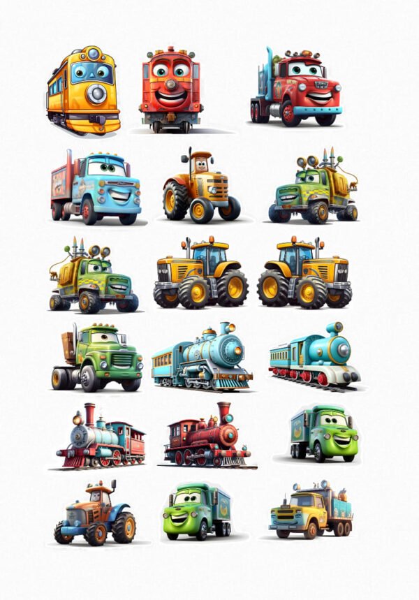 "Une collection adorable de quinze stickers de véhicules animés et colorés, incluant des trains souriants, des camions expressifs, des tracteurs joyeux et des voitures mignonnes, tous avec des visages et des personnalités attachantes." crées par Véronique, créatrice de stickers