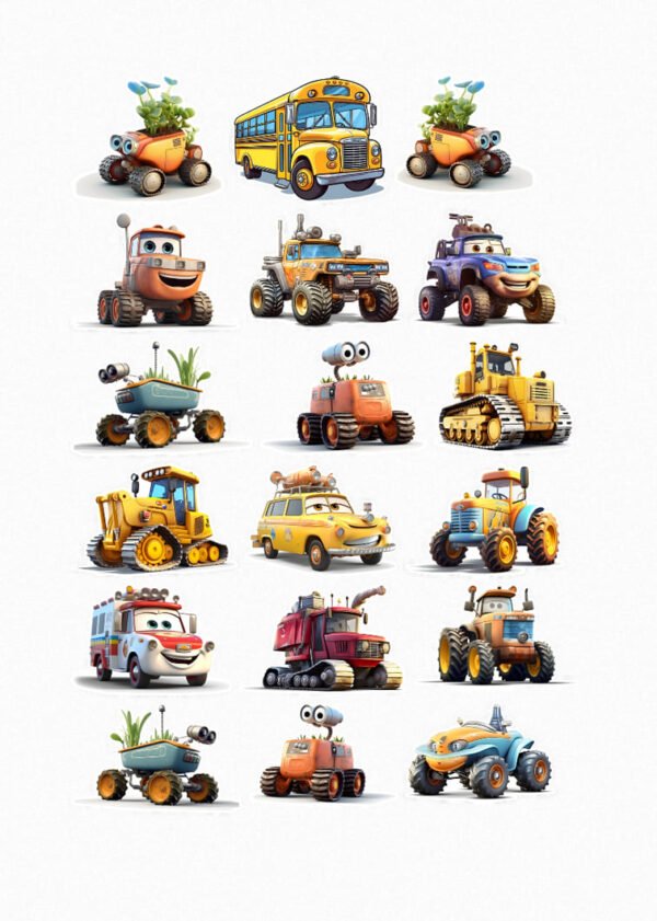 Une collection de dix-huit stickers de véhicules animés, incluant des voitures, des camions, des tracteurs et un bus scolaire, chacun portant des petites plantes ou des fleurs, avec des expressions mignonnes et colorées. Crées par Véronique, créatrice de stickers
