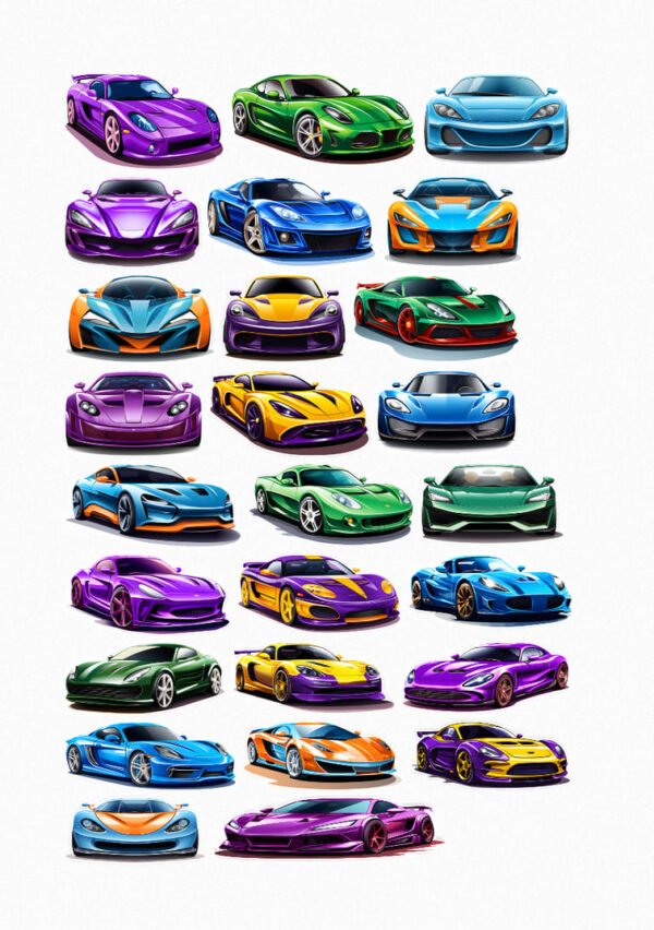 "Une collection de vingt-quatre stickers de voitures de sport aux designs modernes et aux couleurs variées, présentées sous différents angles, évoquant la vitesse et la performance automobile." crées par Véronique, créatrice de stickers et de pochoirs
