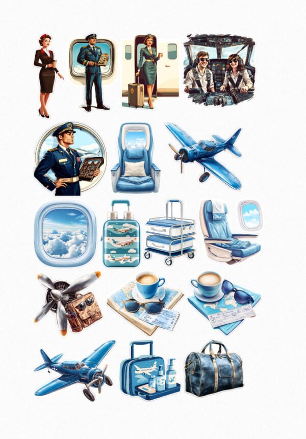 Une planche de dix-huit stickers sur le thème de l'aviation, incluant des pilotes, des hôtesses de l'air, des avions bleus, des hublots avec vue sur les nuages, des sièges d'avion, des bagages et des détails de voyage, crées par Véronique, créatrice de stickers