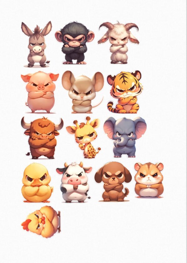 Une collection de treize de mes stickers représentant différents animaux mignons (âne, singe, bouc, cochon, souris, tigre, buffle, girafe, éléphant, poussin, vache, chien, hamster) avec des expressions de colère, de bouderie ou de mauvaise humeur. crées par véronique créatrice de stickers