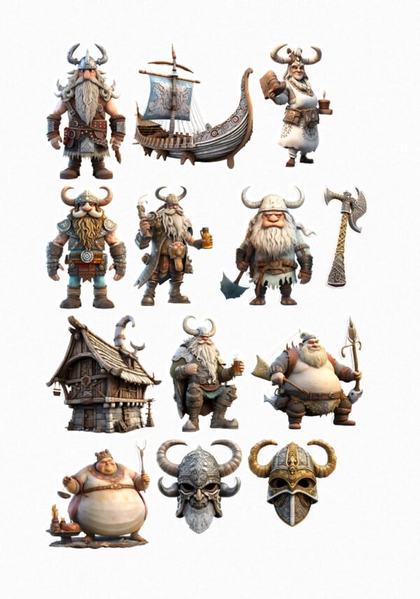 Une planche de stickers présentant des personnages vikings de style cartoon avec des casques à cornes, des barbes imposantes et des tenues traditionnelles, ainsi qu'un drakkar, une hache, une hutte et des masques de guerriers. crées par véronique, créatrice de stickers
