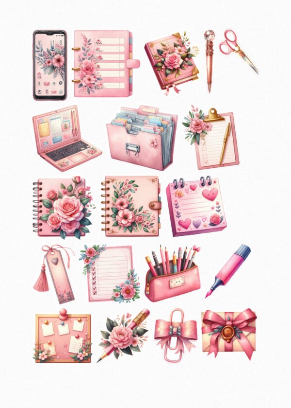 Une planche de stickers présentant divers articles de bureau et d'organisation dans des tons roses et décorés de motifs floraux : un smartphone, un agenda, un carnet, un stylo à bille, des ciseaux, un ordinateur portable, un porte-documents, un bloc-notes sur une pince, un cahier à spirales, un autre cahier à spirales, un calendrier, un marque-page, une feuille de papier, un pot à crayons rempli de crayons et de stylos, un surligneur, un tableau d'affichage, un crayon, une attache-trombone décorative et un cadeau avec un ruban. crées par véronique, créatrice de stickers
