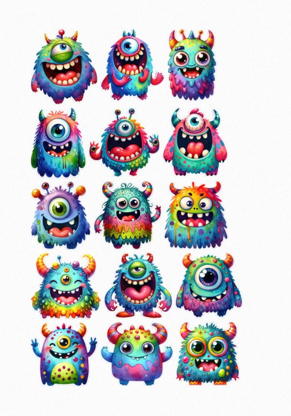 Une planche de stickers présentant quinze petits monstres de style cartoon, chacun avec des couleurs vives, des formes uniques, un ou plusieurs yeux, des cornes ou des pics, et des expressions joyeuses et amusantes avec de grands sourires et des bouches ouvertes montrant des dents crées par véronique, créatrice de stickers