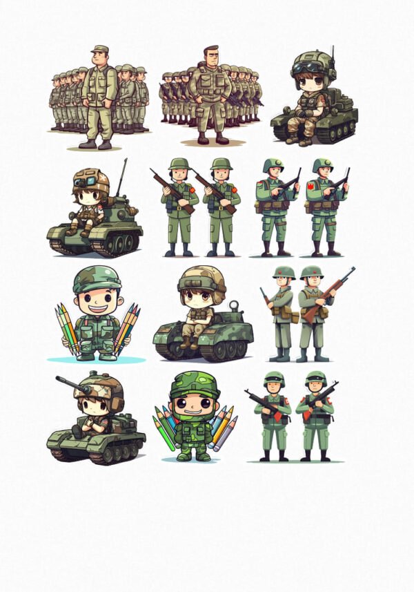 Une planche de stickers présentant des petits soldats de style cartoon en uniforme vert, certains debout avec des fusils, d'autres conduisant des chars d'assaut, et certains tenant des crayons de couleur. On voit des groupes de soldats en arrière-plan crées par véronique, créatrice de stickers