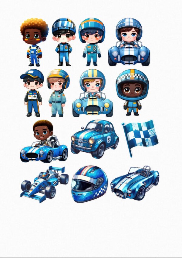 Une planche de stickers présentant une collection de petits pilotes de course de style cartoon avec leurs voitures bleues et blanches rayées, ainsi que des casques de course assortis et un drapeau à damier. On y voit des pilotes de différentes coiffures et expressions, certains dans leurs voitures et d'autres à côté, prêts pour la course. crées par véronique, créatrice de stickers