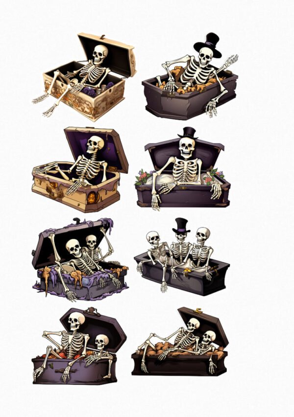 Une planche de stickers présentant neuf illustrations de squelettes de style cartoon se relaxant dans des cercueils décorés de différentes manières : un squelette seul avec des oreillers, un couple de squelettes avec un chapeau haut de forme, un squelette seul avec des pierres précieuses, un squelette seul avec des fleurs, deux squelettes se tenant la main, un squelette seul avec un livre, et des groupes de squelettes dans diverses poses de détente crées par véronique, créatrice de stickers
