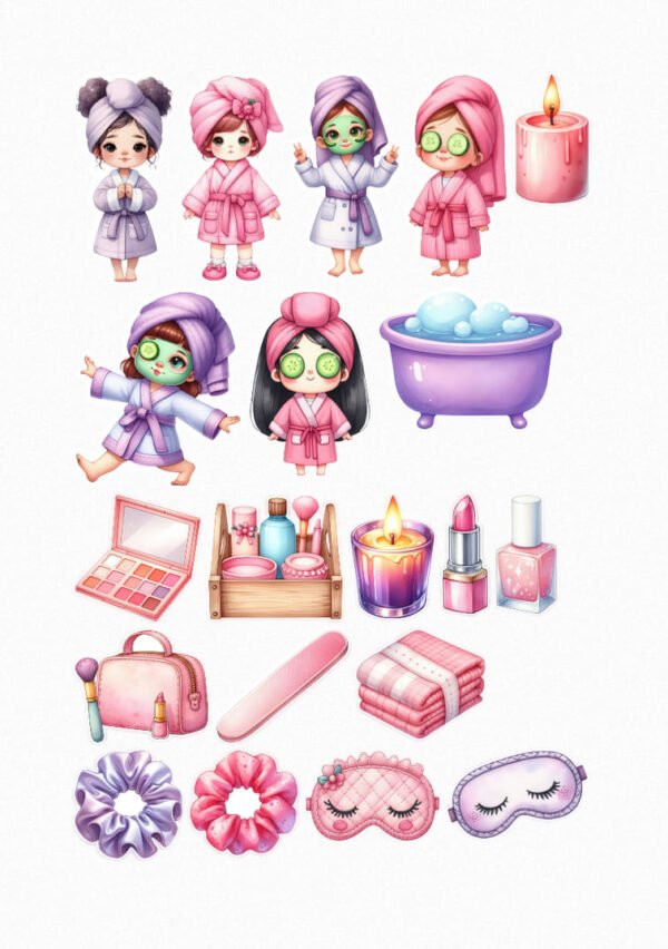 Une planche de stickers illustrant des filles de style cartoon en peignoirs avec des serviettes sur la tête, portant des masques pour le visage et des tranches de concombre sur les yeux, ainsi que des éléments de spa et de beauté tels qu'une bougie, une baignoire remplie de bulles, une palette de fards à paupières, des produits de soin dans un panier, une autre bougie, du rouge à lèvres, du vernis à ongles, une trousse de maquillage, une lime à ongles, des serviettes pliées, des chouchous et des masques de sommeil. crées par véronique, créatrice de stickers