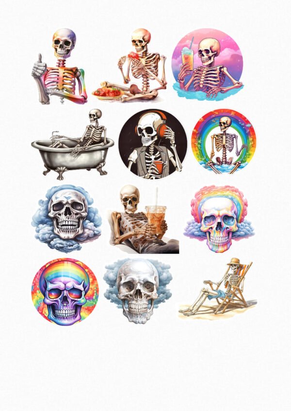 Une planche de stickers ronds présentant douze illustrations de squelettes de style cartoon se relaxant et profitant de la vie : un squelette faisant du pouce, un squelette mangeant une pizza, un squelette buvant un cocktail sur une bouée, un squelette prenant un bain moussant, un squelette écoutant de la musique avec un casque, un squelette sous un arc-en-ciel, un crâne dans les nuages, un squelette buvant un soda, un crâne avec un arc-en-ciel, un crâne psychédélique arc-en-ciel, un crâne dans les nuages, et un squelette se prélassant sur une chaise de plage crées par véronique, créatrice de stickers