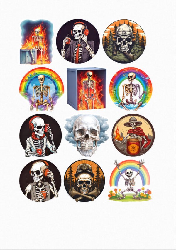Une planche de stickers ronds et carrés présentant douze squelettes dans des styles variés : un squelette dansant dans les flammes, un squelette écoutant de la musique avec un casque, un squelette avec un casque de motard dans une forêt, un squelette sous un arc-en-ciel, un squelette enfermé dans un cube en feu, un squelette nageant dans un cercle arc-en-ciel, un squelette avec un bonnet et un foulard écoutant de la musique, un crâne flottant dans les nuages, un squelette de pirate jouant du banjo, un squelette écoutant de la musique avec un casque et un pull rayé, un squelette avec un casque de chantier dans une forêt, et un squelette dansant sous un arc-en-ciel fleuri crées par véronique, créatrice de stickers