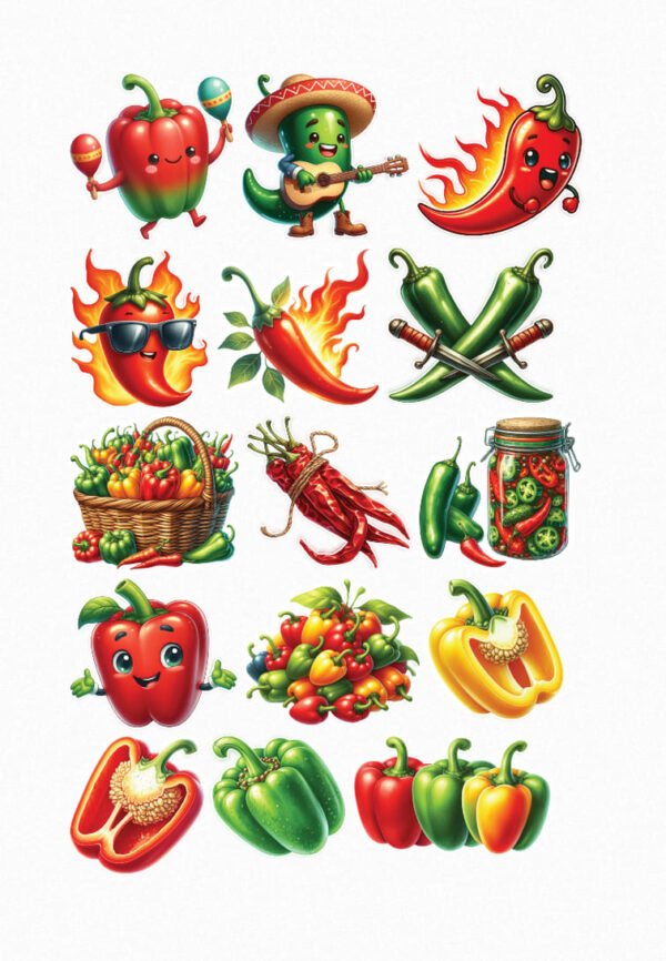 Une planche de stickers présentant une variété de piments (rouges, verts) et de poivrons (rouges, jaunes, verts) de style cartoon, certains avec des visages souriants, des maracas, un sombrero, une guitare, des flammes, des lunettes de soleil, des couteaux croisés, dans un panier, en bouquet, en conserve, coupés en deux crées par véronique, créatrice de stickers