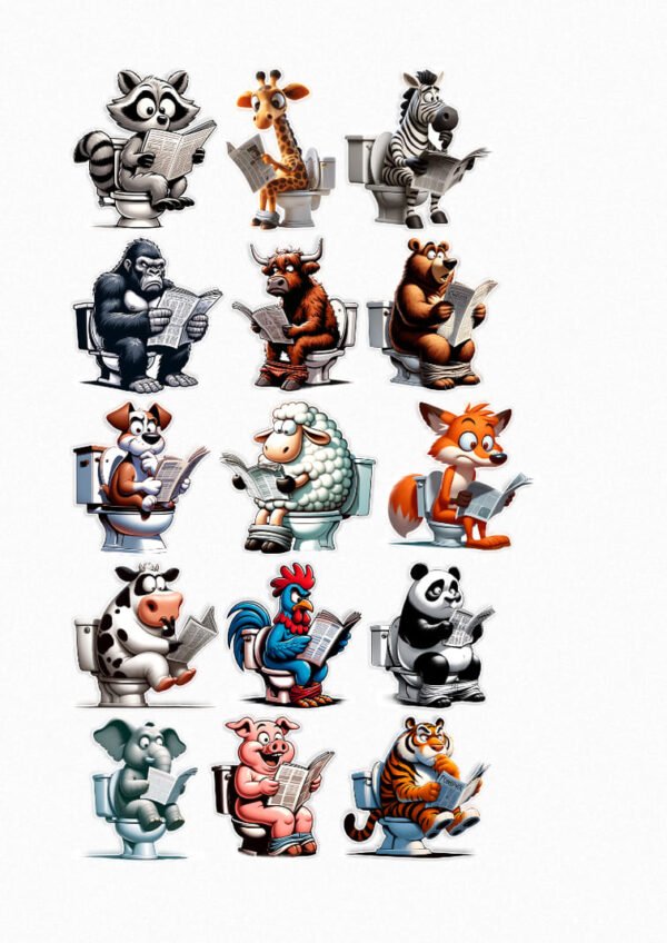 Une planche de stickers présentant quinze animaux différents (raton laveur, girafe, zèbre, gorille, taureau, ours, chien, mouton, renard, vache, coq, panda, éléphant, cochon, tigre) assis sur des toilettes et lisant des journaux ou des livres avec des expressions concentrées ou amusées crées par véronique, créatrice de stickers