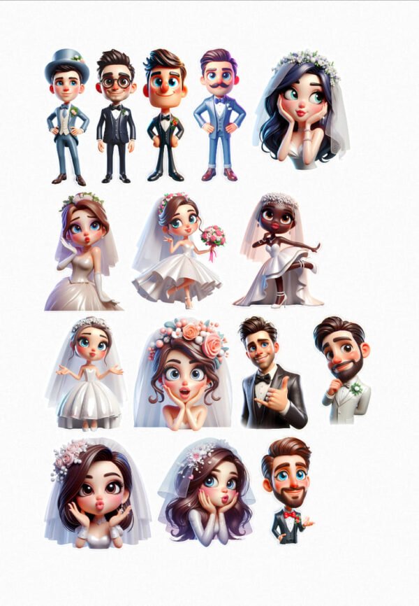 Une planche de stickers présentant des couples de mariés de style cartoon : des mariés en costumes élégants (noir, bleu, avec nœud papillon), des mariées en robes blanches avec des voiles et des bouquets de fleurs, dans des poses joyeuses, rêveuses et romantiques crées par véronique, créatrice de stickers